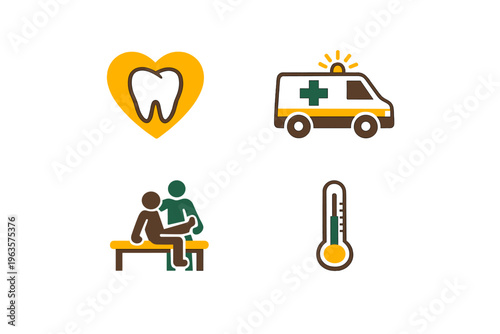 Health symbols showing dental care, emergency services, patient care, and temperature check during a healthcare setting