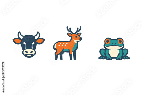 Farm animals and wildlife icons show cow, deer, and frog in simple designs with bright colors on a white background