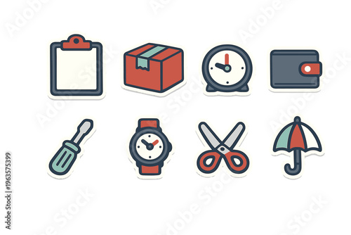 Collection of simple icons representing everyday tools and items on a flat surface in a neat layout