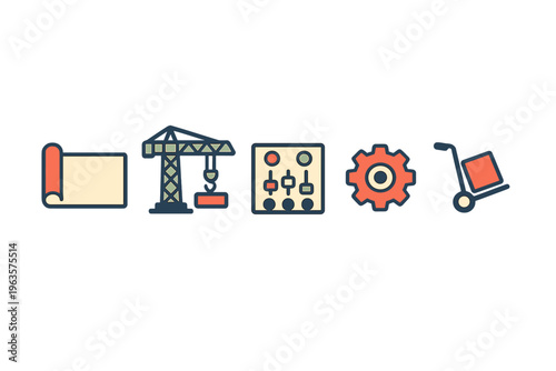 Construction tools and equipment icons showing various aspects of building and assembly work