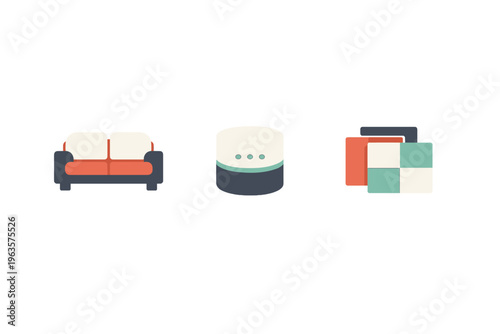 Modern furniture arrangement with a sofa, a round table, and decorative cushions in a simple room setting