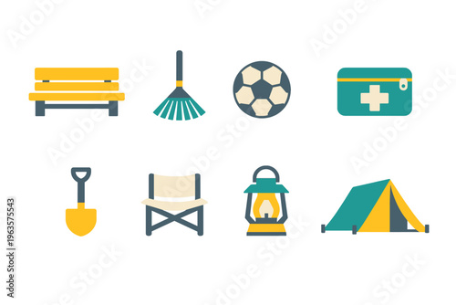 Various outdoor items can be seen including a bench, soccer ball, first aid kit, and tent in a simple arrangement
