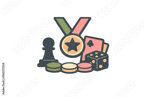 Different games and a medal are displayed with various gaming pieces on a flat surface