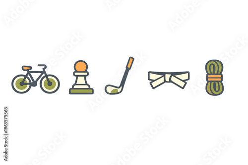 Activity symbols showing sports and items like bicycle, chess pawn, golf club, bow, and rope in a simple line design format