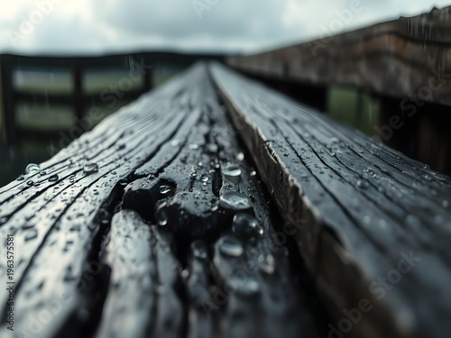 A close-up view of a wet wooden bridge on a rainy day