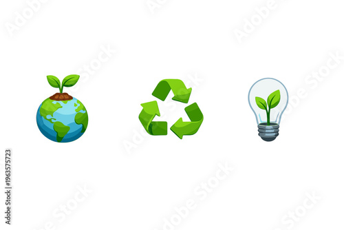 Green symbols showing earth, recycling, and energy conservation in a simple design for promoting environmental awareness and sustainability efforts