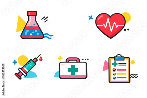 Health and medical symbols show science and care for people in modern graphic style