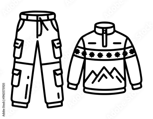 Black and white outline of cargo pants and a patterned sweater with mountains clothing