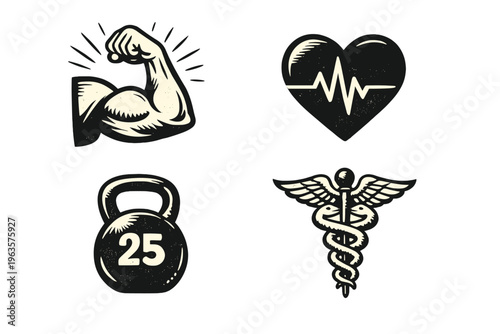 Different symbols related to health and fitness show strength, heart rate, weightlifting, and medical care in a simple graphic design