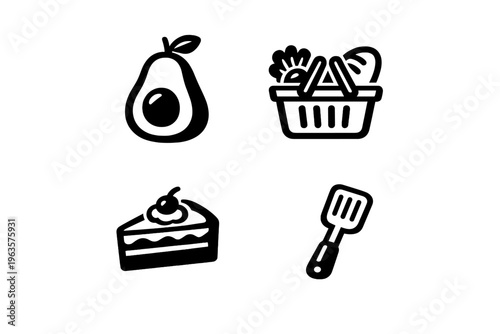 Different types of food and cooking items appear in black line art style on a white background showing various kitchen ingredients and tools