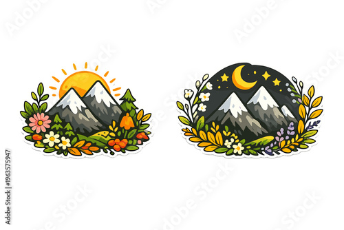 Mountains in sunlight and moonlight with flowers in the foreground during day and night time