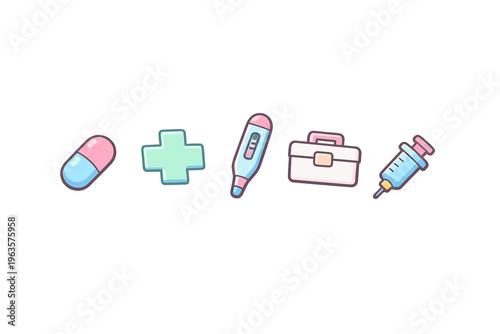 Medical symbols showing a capsule, cross, thermometer, medical kit, and syringe in a simple design