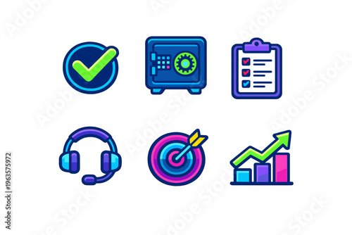 Icons that represent checking tasks, security, plans, support, goals, and progress in various activities
