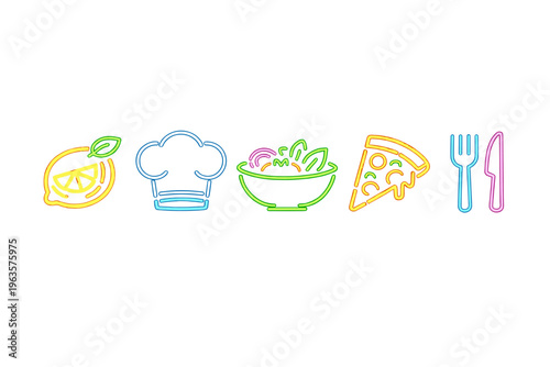 Creative food icons show a lemon, chef hat, salad bowl, pizza slice, fork, and knife in colorful neon lights on a white background