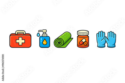 Basic first aid kit supplies for treating minor injuries in home care or emergency situations