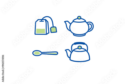 Green tea bags and teapots arranged on a clean surface for brewing hot drinks in a simple kitchen setting