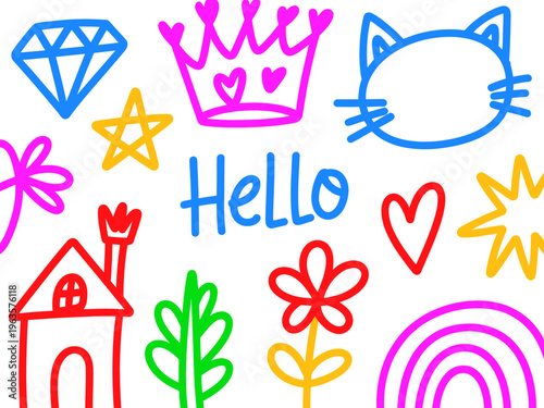Brightly Colored Hand Drawn Doodle Including Diamond Crown Cat House Flower Star Rainbow
