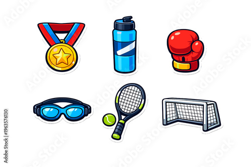 Collection of sports equipment and symbols showing different athletic activities and achievements