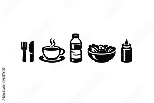 Food and drink items lined up on a table showing utensils, cup, bottle, salad, and condiment