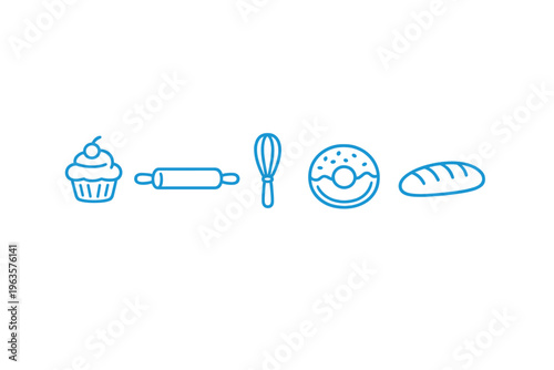 Cupcake, rolling pin, whisk, donut, and bread loaf displayed on a plain background illustrating baking tools and treats