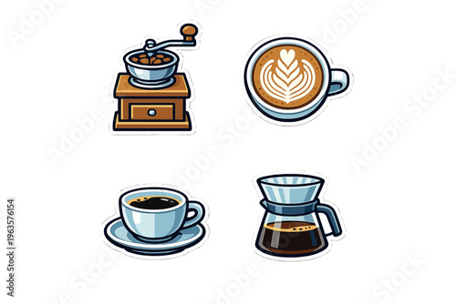 Graphic showing coffee-related items including a grinder, latte art, a cup of coffee, and a brewing device, set against a simple background