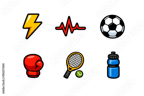 Sports icons including a lightning bolt, heartbeat line, soccer ball, boxing glove, tennis racket, and water bottle grouped together as stickers