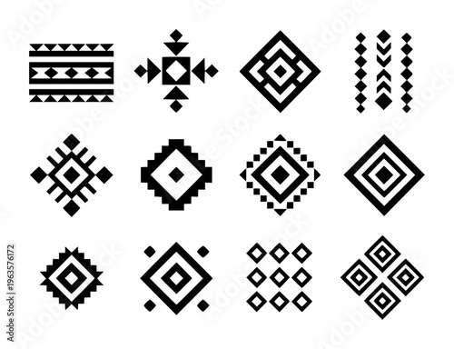 Collection of Black Geometric Tribal Patterns and Symbols White Background