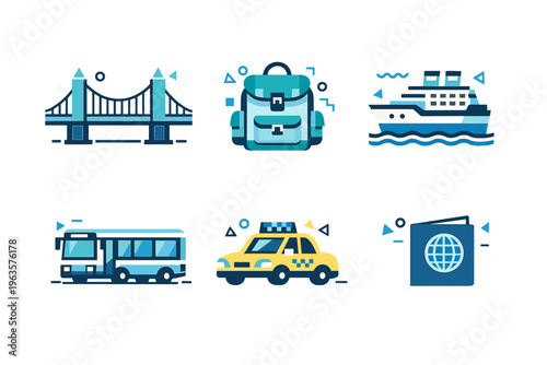 Travel icons showing various modes of transportation and a bridge with a globe, symbolizing journey and adventure in a city