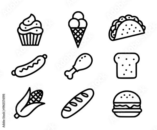 Collection of black outline food including cupcake ice cream cone taco hot dog chicken leg toast corn baguette and