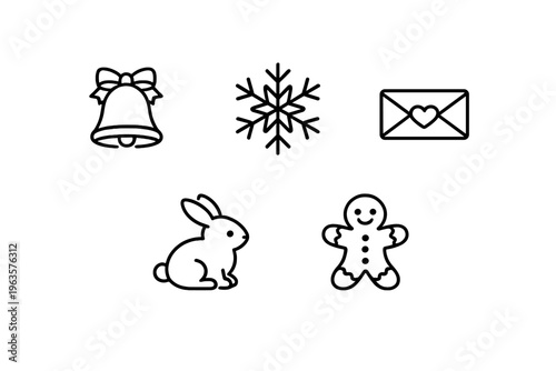 Winter symbols show a bell, snowflake, letter with heart, rabbit, and gingerbread figure during festive season