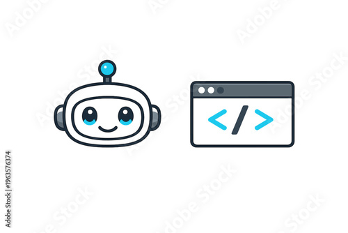 Cute robot character next to a web code window showing a programming environment with a simple design
