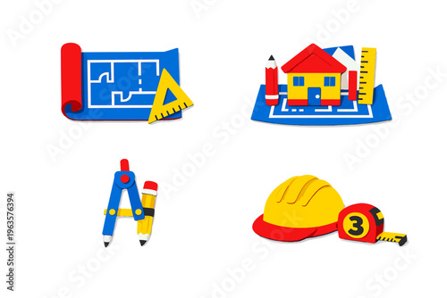 Construction tools and plans show building process and design materials in a workspace setting for young learners
