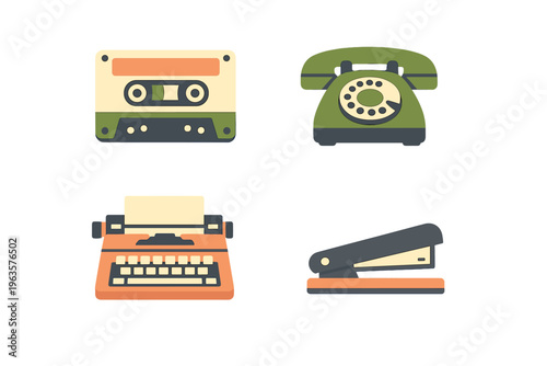 Old office tools and gadgets shown together along with a cassette tape for a retro look and feel