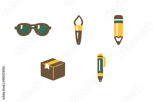 Items including sunglasses, paintbrush, pencil, package, and pen arranged on a plain background for a creative workspace setting