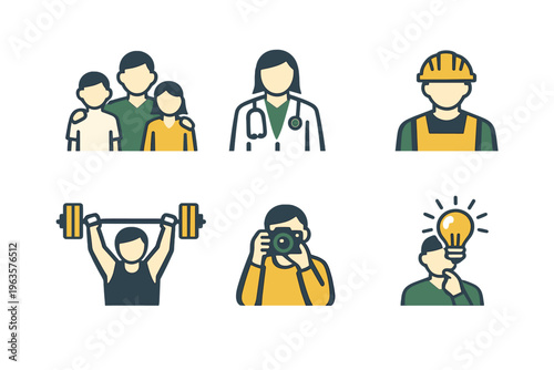 Healthcare workers, laborers, and fitness enthusiasts engage in different activities in a simple graphic representation