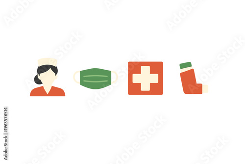 Nurse wearing a hat and mask, medical symbols and an inhaler in a simple illustration for health-related themes