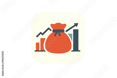 Graphs show growth in finance with bag of money in design for business success and investment strategies