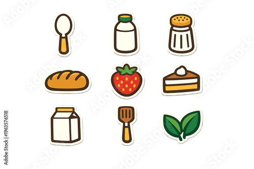 Stickers of food items including bread, milk, and fruits found in a kitchen setting