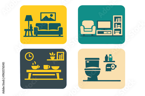 Living spaces in simple designs showing furniture arrangements for comfort and utility in different rooms throughout a home