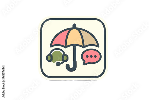 Support service symbol with umbrella, headset, and speech bubble design in simple art style for online help