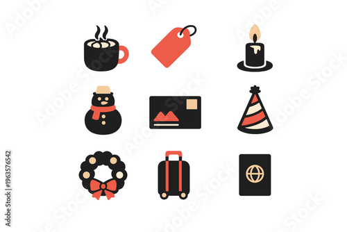 Winter holiday symbols in simple designs showing common festive items and activities used during the season