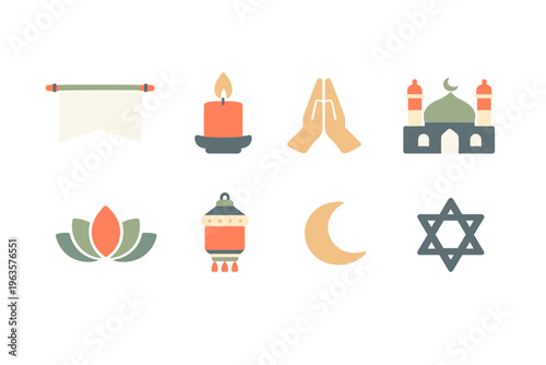 Different symbols and items representing various cultures and religions arranged in a grid pattern on a simple background