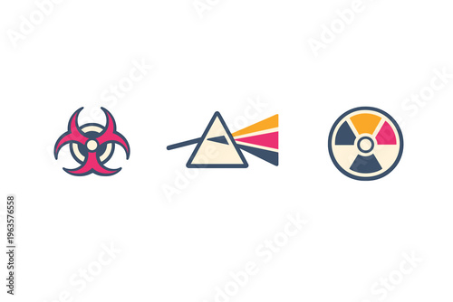 Symbols for hazard identification, chemical safety, and radiation warning at a public facility in an urban area