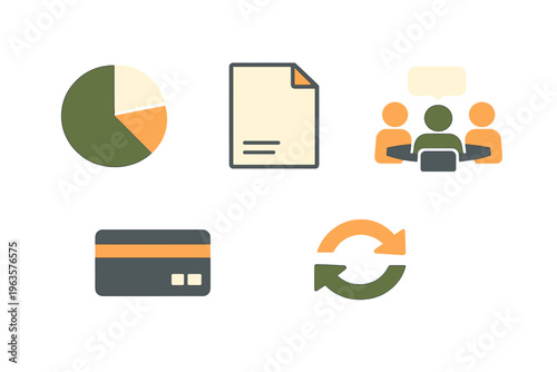 Charts, documents, meetings, transactions, and updates shown in simple icons for business communication and planning