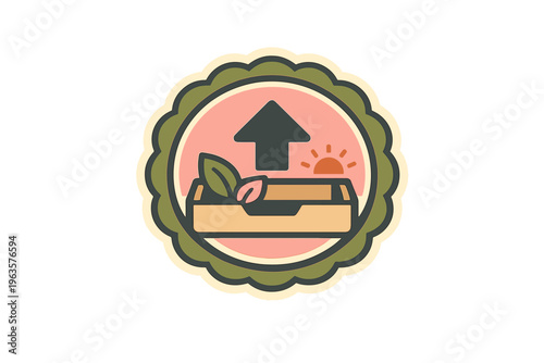 Garden box with plants and sun rising over a landscape in a circular design showing growth and nature