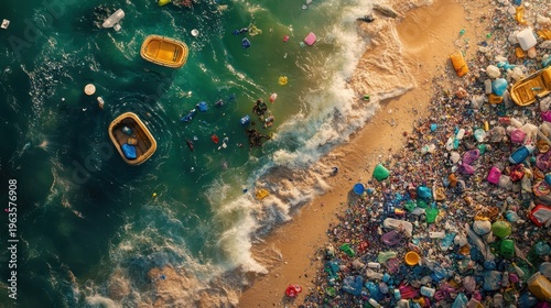 Ocean pollution spreads across a tourist beach, with colorful plastic waste drifting near the shore and waves washing debris ashore.