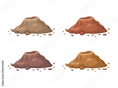 Stylized dirt mounds with craters in earthy brown and tan tones pile soil