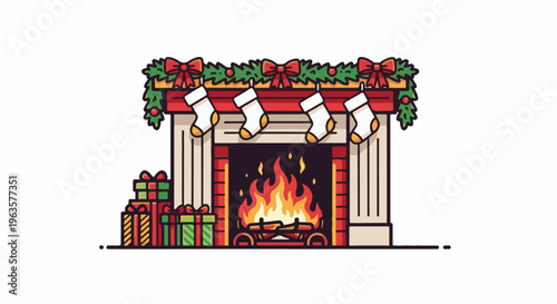 A cozy Christmas fireplace with stockings, presents, and a crackling fire