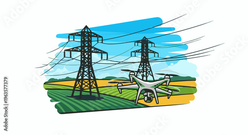 A drone flies near power lines over a landscape of fields