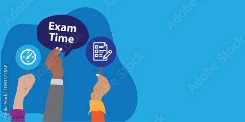 Exam time concept with hands holding icons and speech bubble, representing study, preparation, deadlines, and academic pressure in modern flat design style.